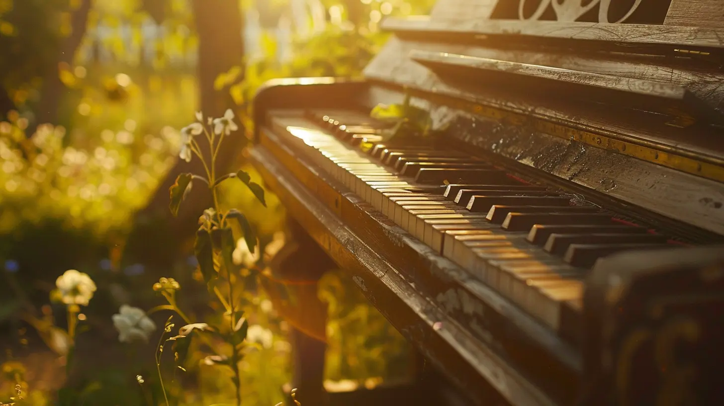 image of rustic piano in a meadow's sunlit forest edge.